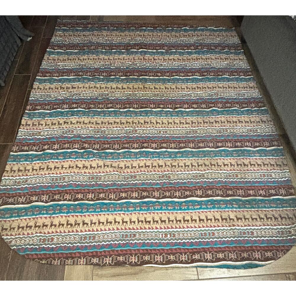 VTG Twin Size Western Aztec Quilt Blanket Throw Turquoise Brown Southwest USA